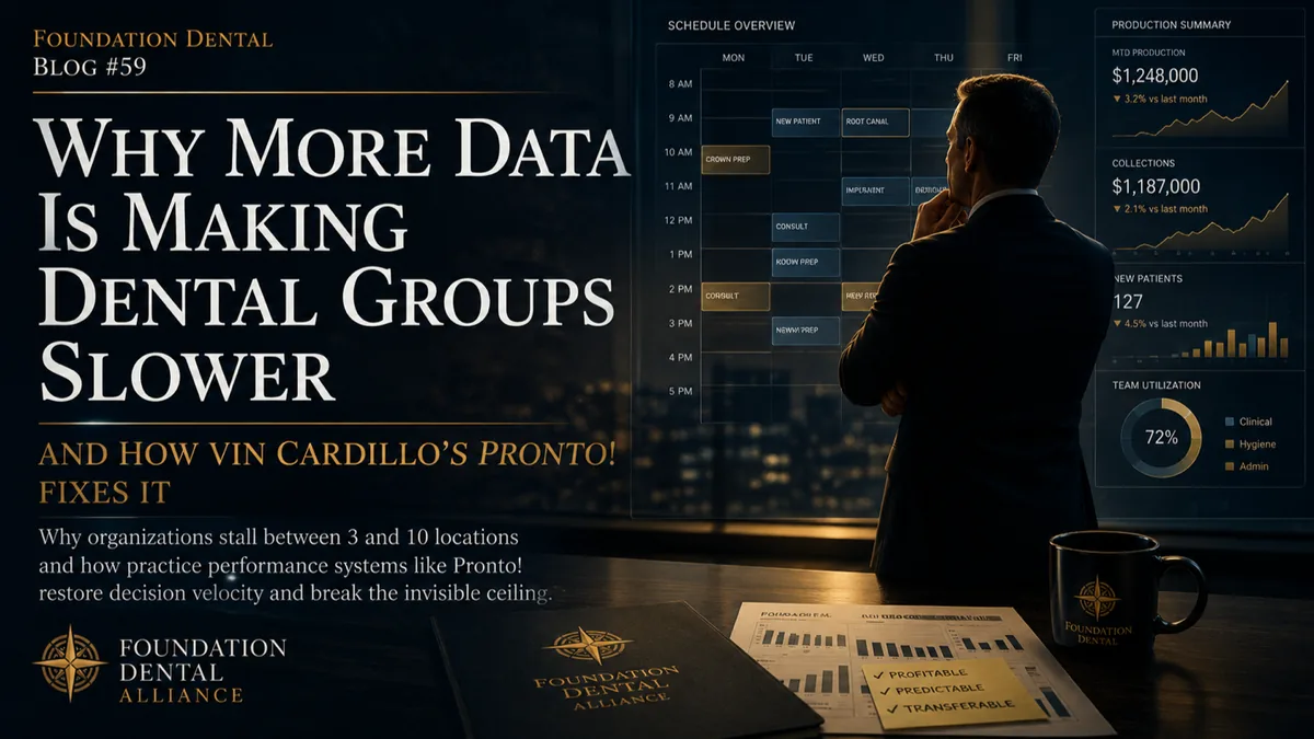 Foundation Dental Intelligence Blog No. 59, #59- Why More Data Is Making Dental Groups Slower., by Dr. Jim Arnold.