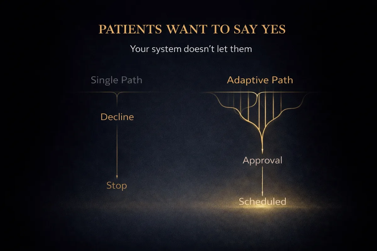 Diagram: patients want to say yes, your system doesn't let them. A single path leads to decline and stop. An adaptive path leads to approval and scheduled.
