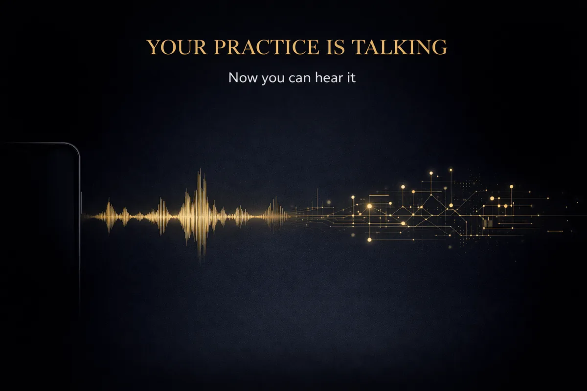 An audio waveform resolving into points of light. Caption: your practice is talking, now you can hear it.