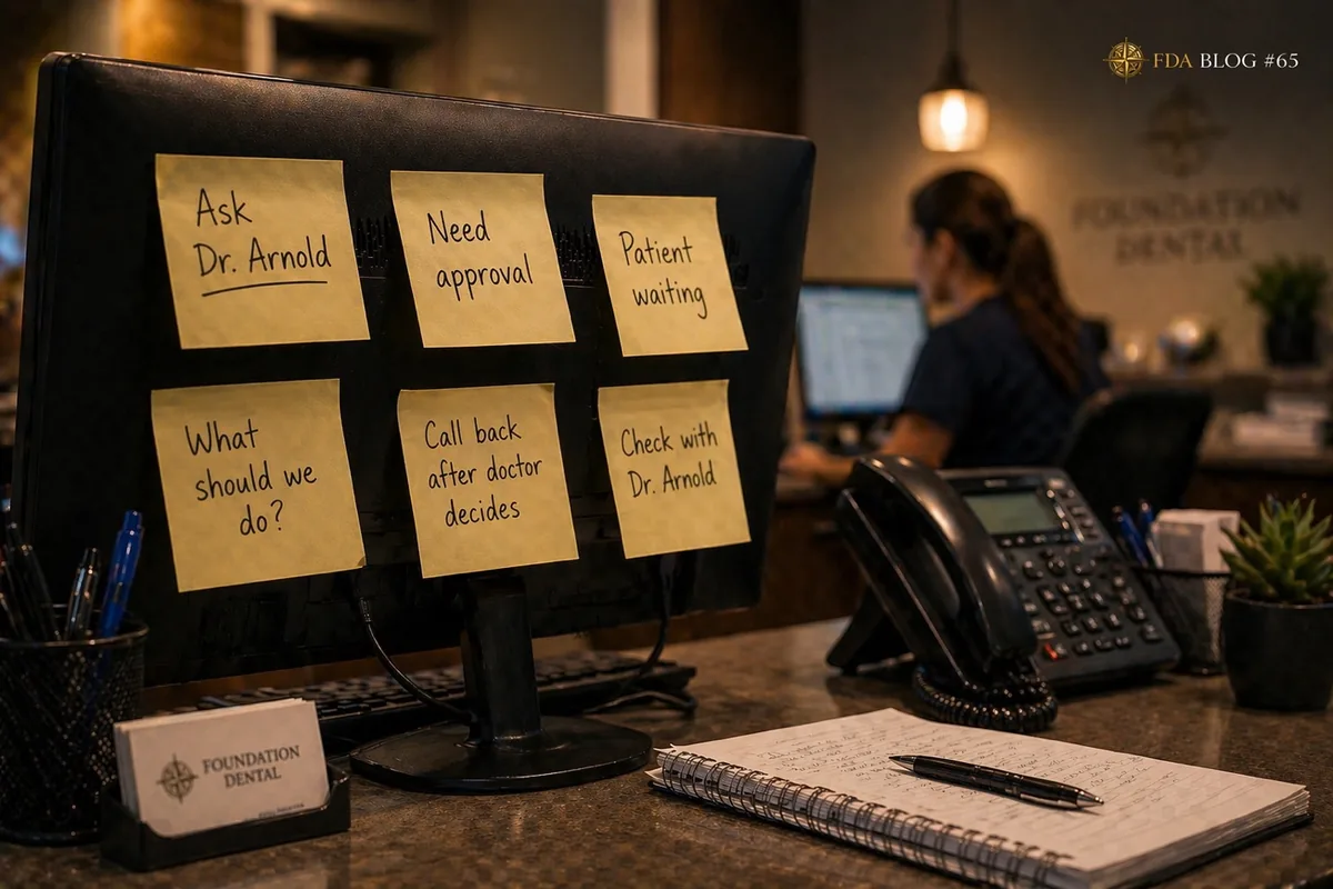 A front desk covered in sticky notes reading ask Dr. Arnold, need approval, patient waiting, what should we do, call back after doctor decides, and check with Dr. Arnold.