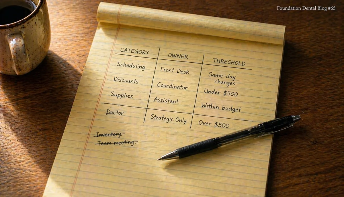 A handwritten notepad listing decision categories against owners and spending thresholds: scheduling to the front desk for same-day changes, discounts to the coordinator under $500, supplies to the assistant within budget, and the doctor for strategy only, over $500.
