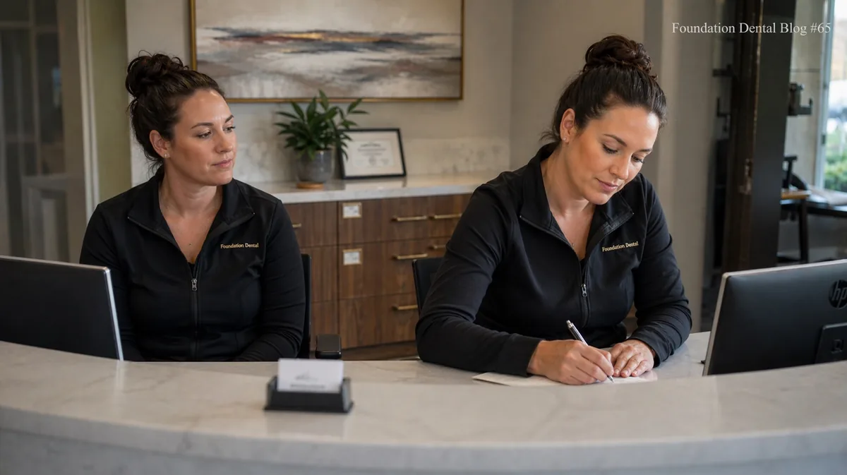 Two team members working together at a practice front desk.