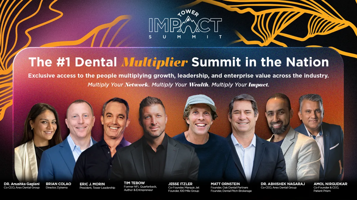 Promotional banner for the Dental Impact Summit, described as the number one dental multiplier summit in the nation, with headshots of the speaking faculty.