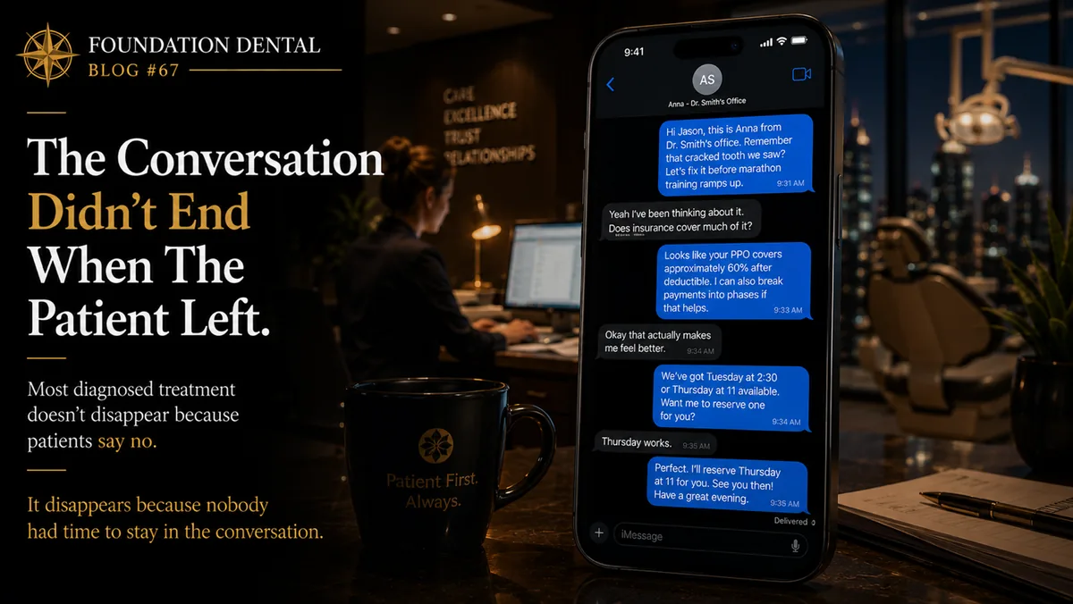 A phone showing an unanswered message thread with a patient. Caption: the conversation didn't end when the patient left. Most diagnosed treatment doesn't disappear because patients say no, it disappears because nobody had time to stay in the conversation.