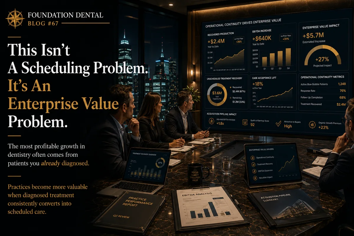 A boardroom with enterprise value dashboards on the wall. Caption: this isn't a scheduling problem, it's an enterprise value problem. Practices become more valuable when diagnosed treatment consistently converts into scheduled care.