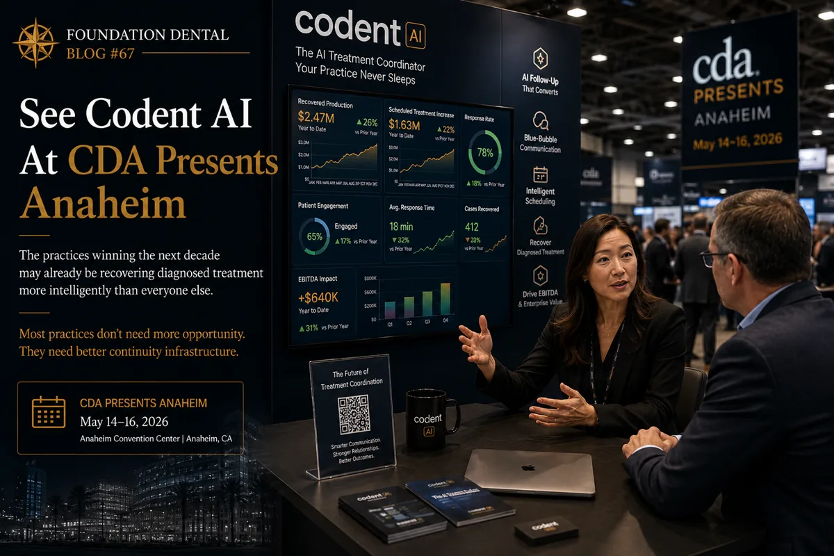 Codent AI exhibiting at CDA Presents Anaheim, May 14 to 16, 2026, with a representative in conversation at the booth.