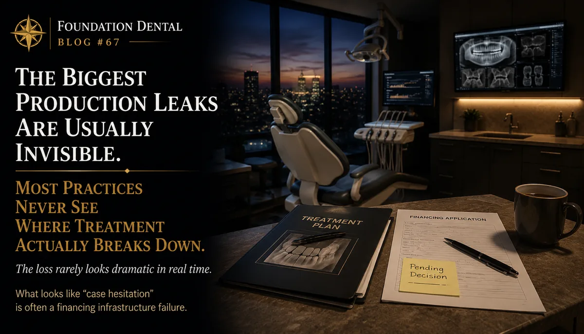 A darkened operatory with a treatment plan in the foreground. Caption: the biggest production leaks are usually invisible. Most practices never see where treatment actually breaks down. What looks like case hesitation is often a financing infrastructure failure.
