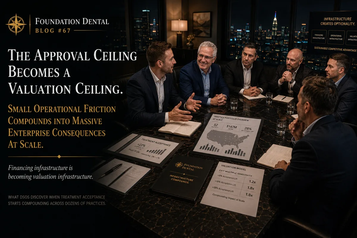 A group of executives reviewing documents around a boardroom table. Caption: the approval ceiling becomes a valuation ceiling. Small operational friction compounds into massive enterprise consequences at scale.