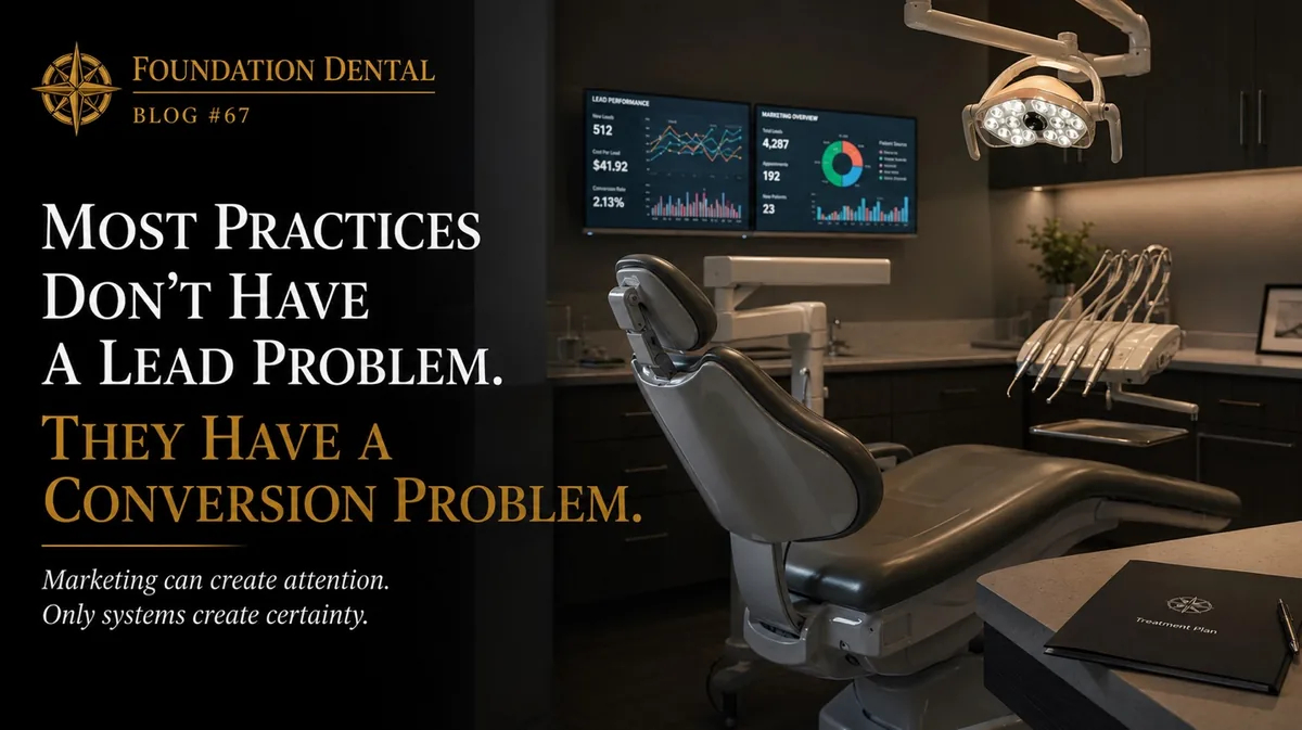 An empty dental chair under an operatory light. Caption: most practices don't have a lead problem, they have a conversion problem. Marketing can create attention, only systems create certainty.