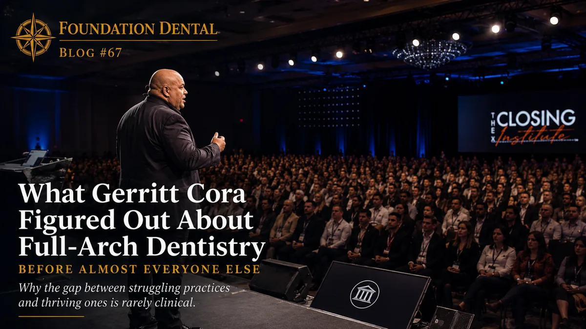 Gerritt Cora presenting to a full auditorium at The Closing Institute. Caption: what Gerritt Cora figured out about full-arch dentistry before almost everyone else.