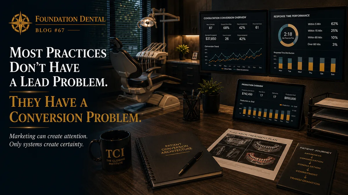 A consultation room with performance dashboards. Caption: most practices don't have a lead problem, they have a conversion problem. Marketing can create attention, only systems create certainty.