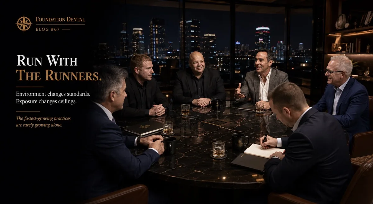 A group of dental executives in conversation around a table at night. Caption: run with the runners. The fastest-growing practices are rarely growing alone.