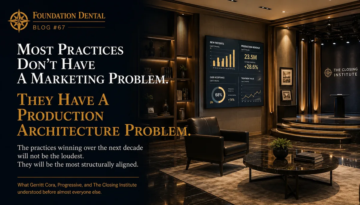 A quiet lounge with a performance dashboard on the wall. Caption: most practices don't have a marketing problem, they have a production architecture problem.