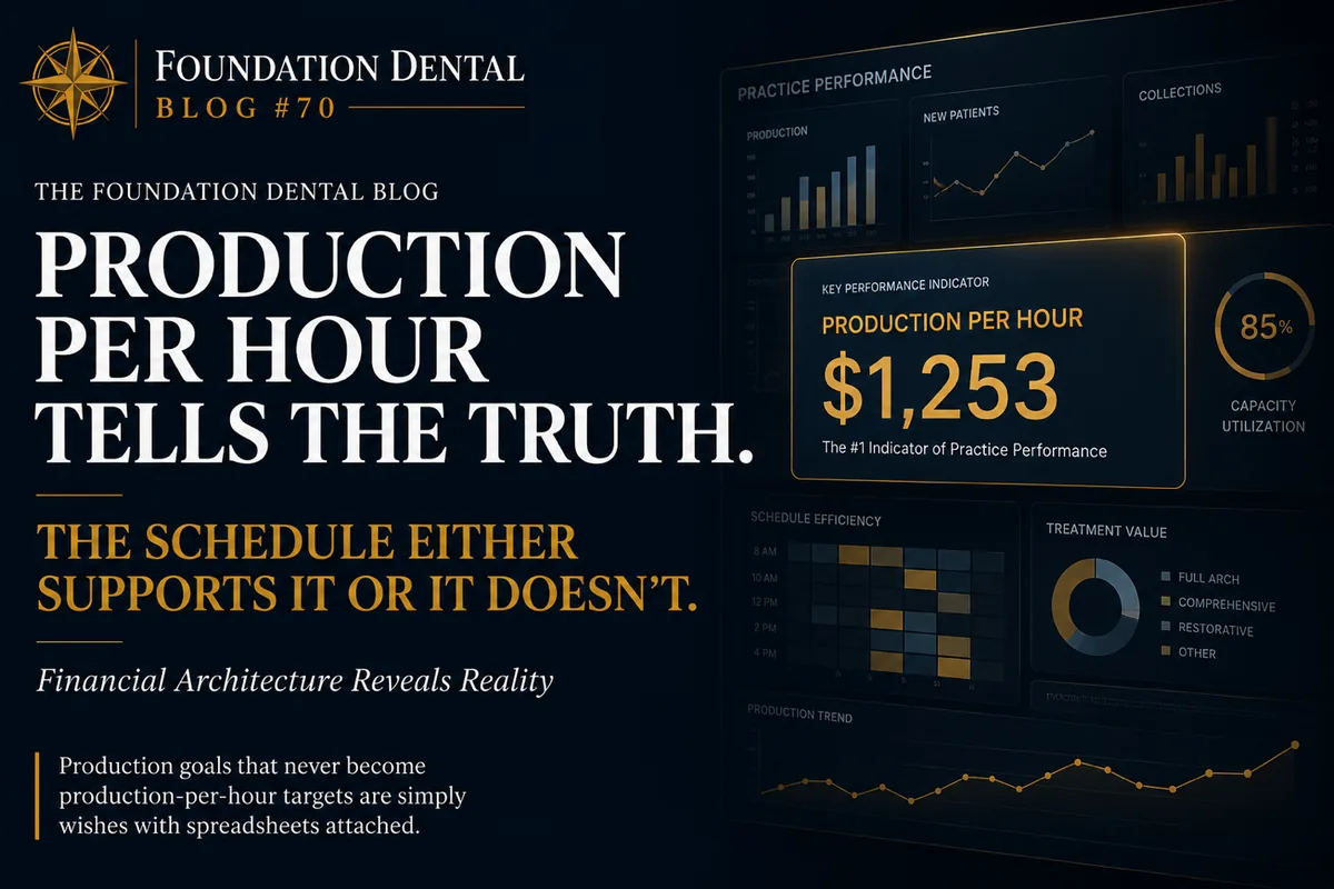 Dashboard graphic: production per hour tells the truth, showing $1,253 per hour at 85 percent capacity utilization. The schedule either supports it or it doesn't.