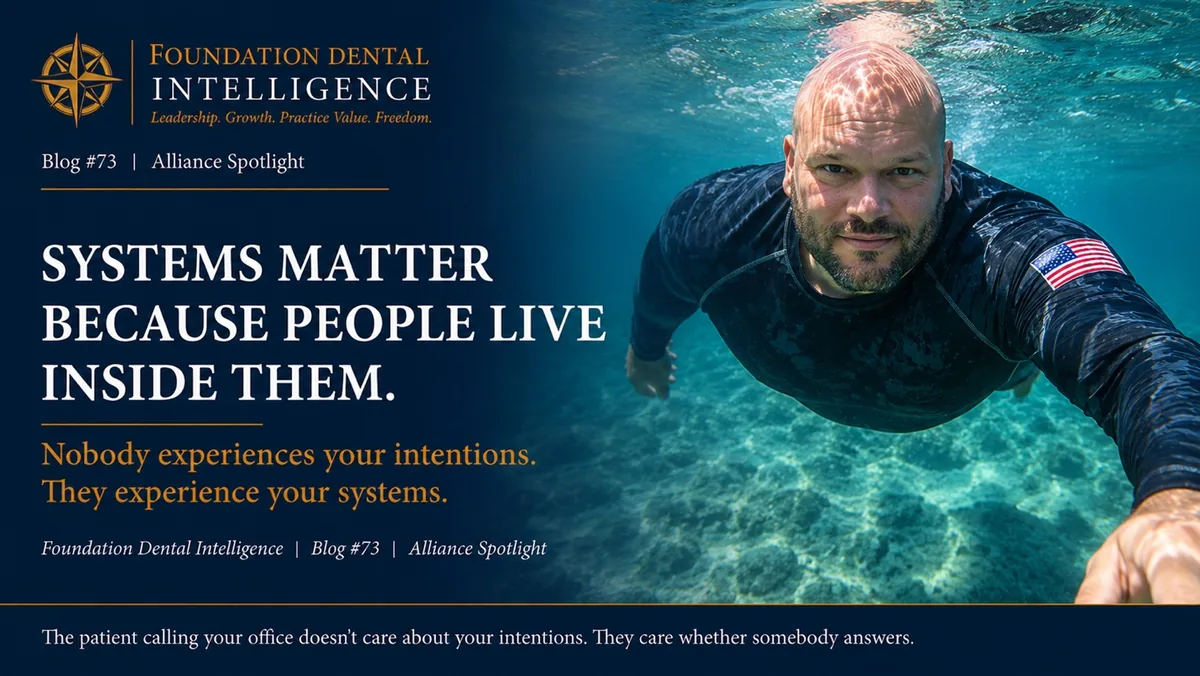 Matt Brown swimming in open water. Caption: systems matter because people live inside them. Nobody experiences your intentions, they experience your systems.