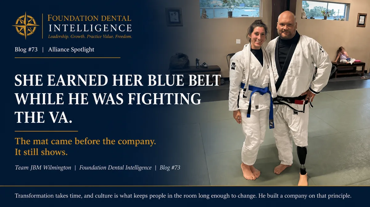 Matt Brown and his wife Jayne in jiu-jitsu gis. Caption: she earned her blue belt while he was fighting the VA. The mat came before the company.