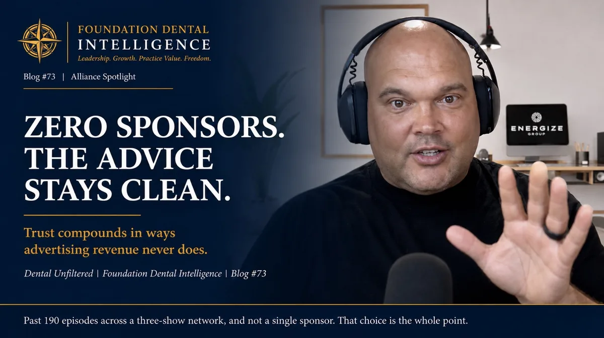 Matt Brown recording a podcast in headphones. Caption: zero sponsors, the advice stays clean. Past 190 episodes across a three-show network, and not a single sponsor.