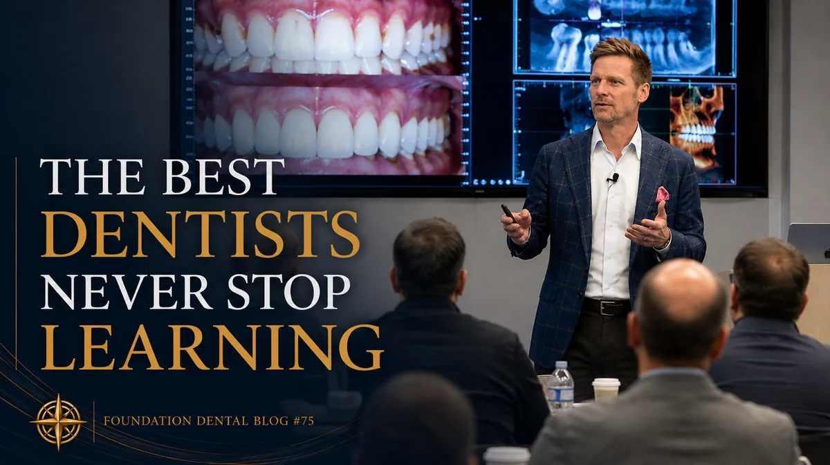 Dr. Lincoln Harris presenting clinical before and after images to an audience. Caption: the best dentists never stop learning.