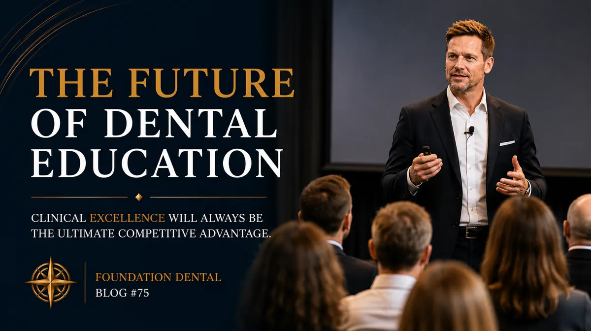 Dr. Lincoln Harris presenting to a seated audience. Caption: the future of dental education. Clinical excellence will always be the ultimate competitive advantage.