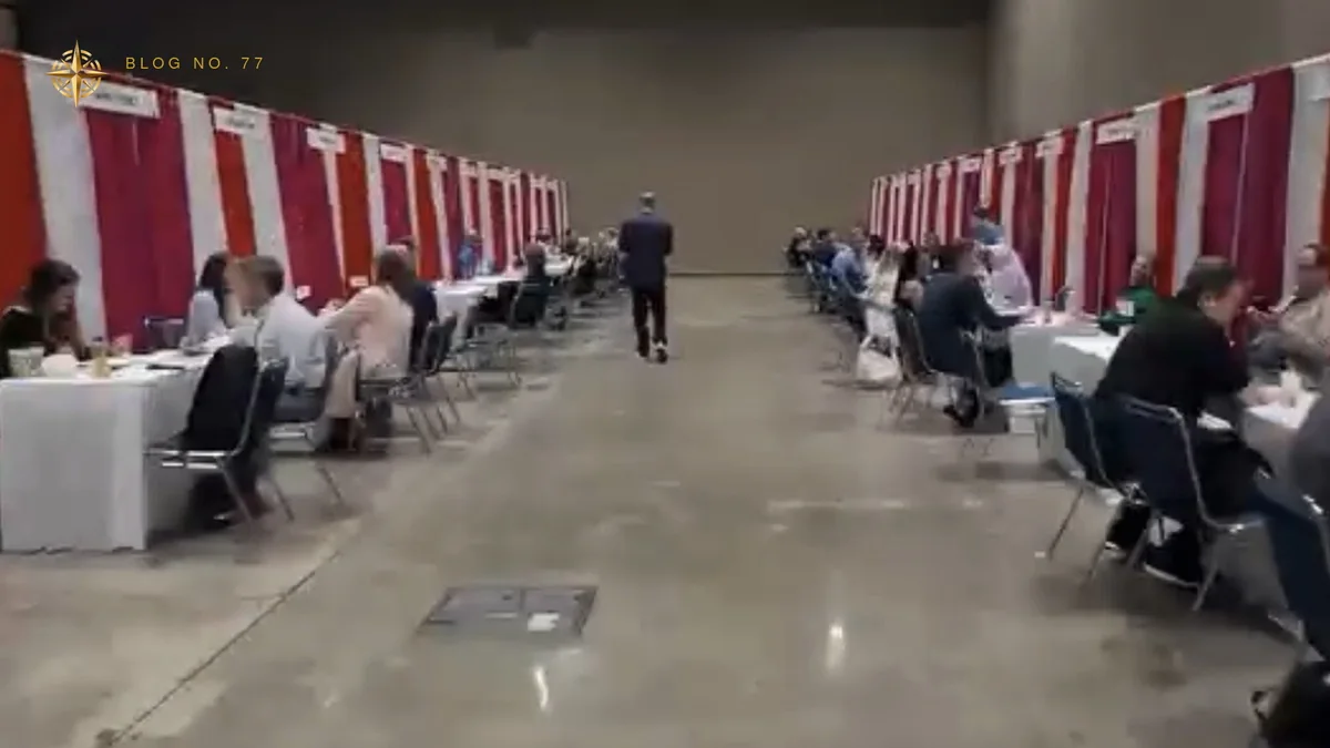 The Smile Together meeting hall, lined with curtained tables where practice owners and vendors meet one to one.