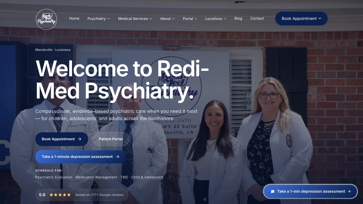 The Northshore Redi-Med home page, branded Redi-Med Psychiatry: the practice’s four clinicians outside their Mandeville, Louisiana office, with buttons to book an appointment, open the patient portal, and take a one-minute depression assessment.