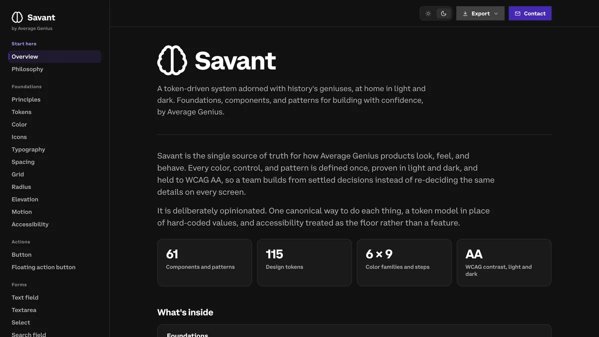 The Savant design system overview page in its dark theme, listing 61 components and patterns, 115 design tokens, six color families in nine steps, and WCAG AA contrast in light and dark.