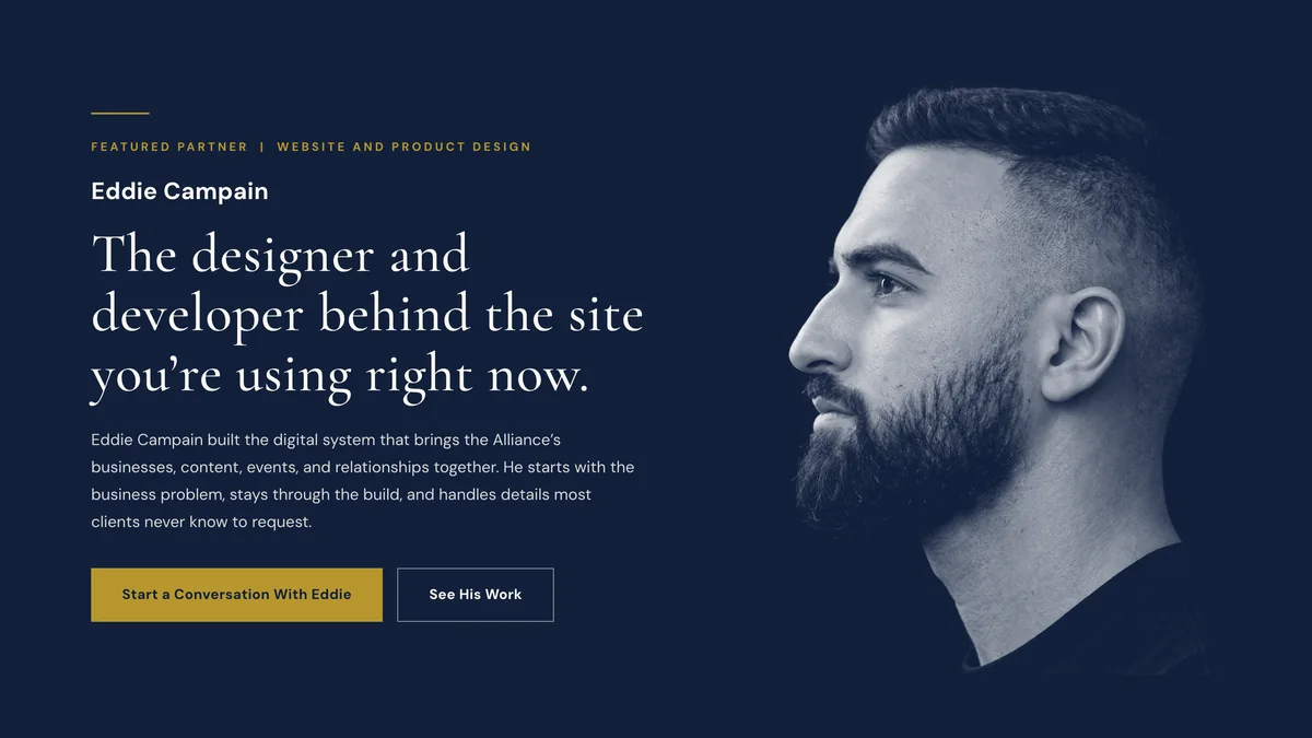 The top of Eddie Campain’s partner page on Foundation Dental Alliance: the designer and developer behind the site you’re using right now, with Start a Conversation With Eddie and See His Work buttons.
