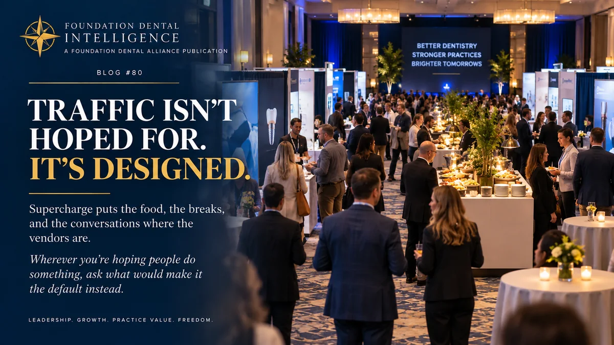 A busy conference exhibit hall with attendees, vendor booths and food stations. Headline: Traffic isn’t hoped for. It’s designed. Supercharge puts the food, the breaks, and the conversations where the vendors are.