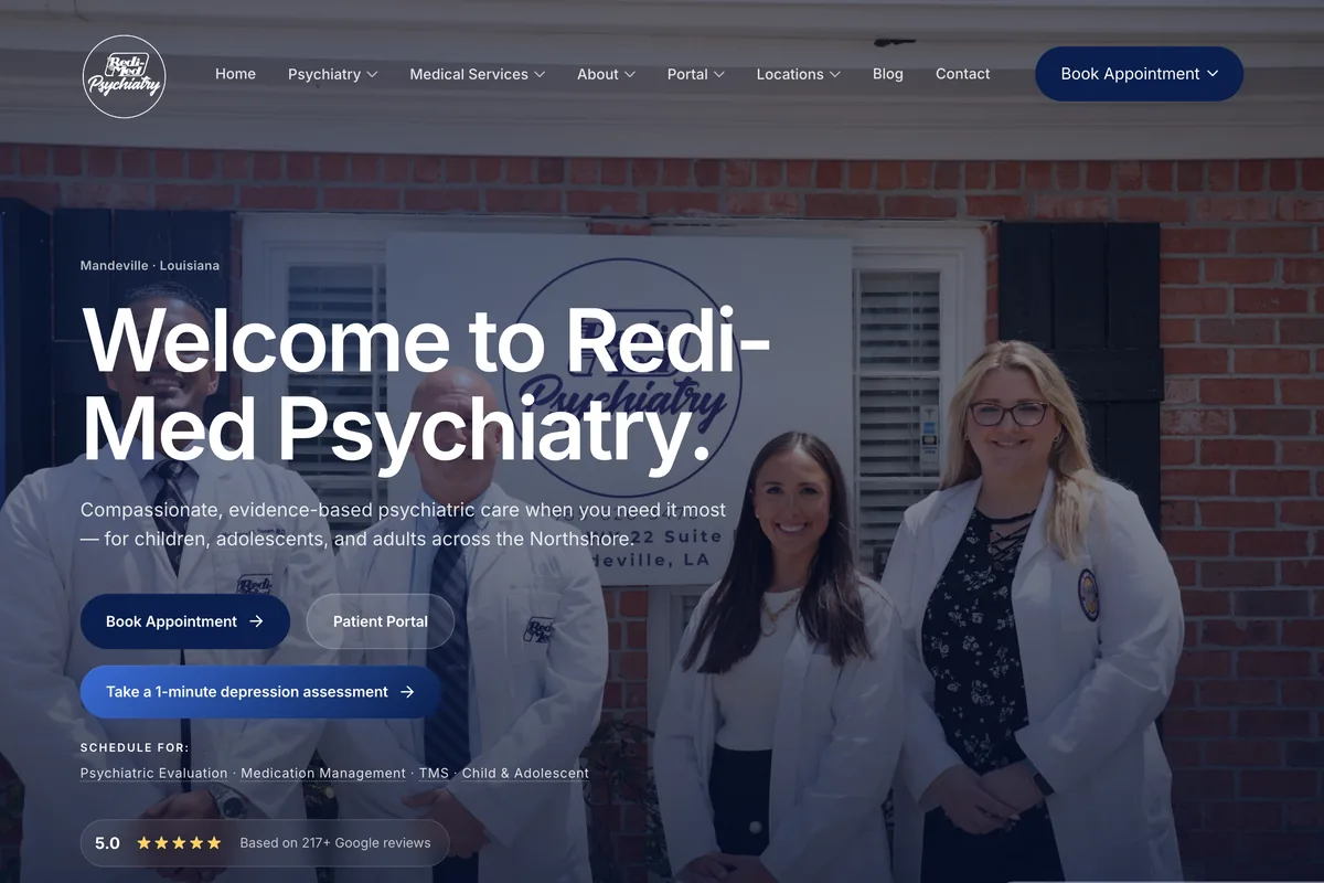 The Northshore Redi-Med website, a psychiatry and primary care practice in Mandeville, Louisiana
