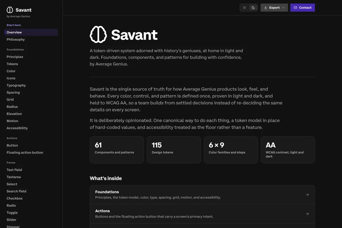 The Savant design system documentation site, showing the token model, component library, and contrast standards