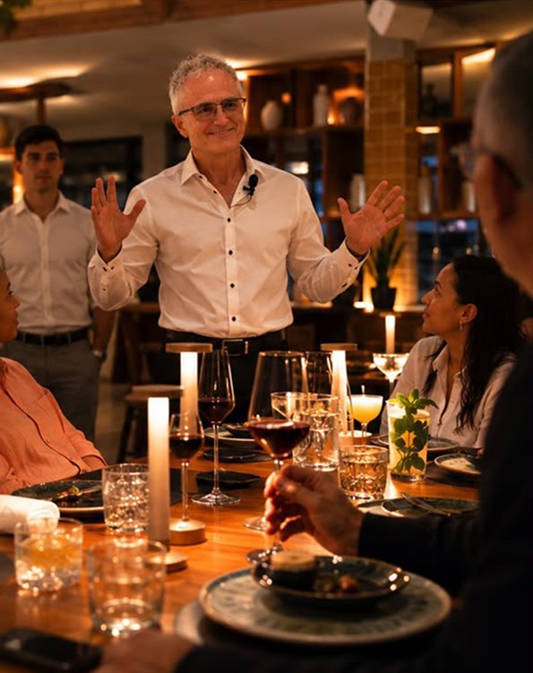 Dr. Jim Arnold speaking with attendees at a candlelit retreat dinner