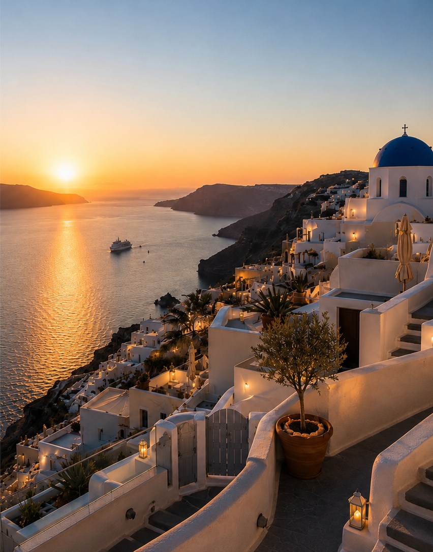 Santorini sunset over the caldera with white-washed buildings and a blue-domed church