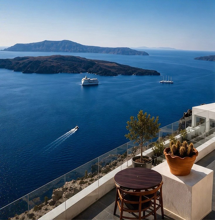 Santorini caldera view from a luxury terrace with a table set for a private dinner