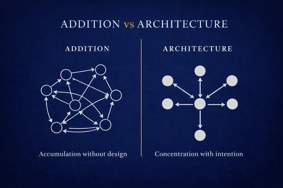 Diagram, Addition versus Architecture. On the left, a tangle of connected nodes labelled accumulation without design. On the right, a clean hub and spoke labelled concentration with intention.