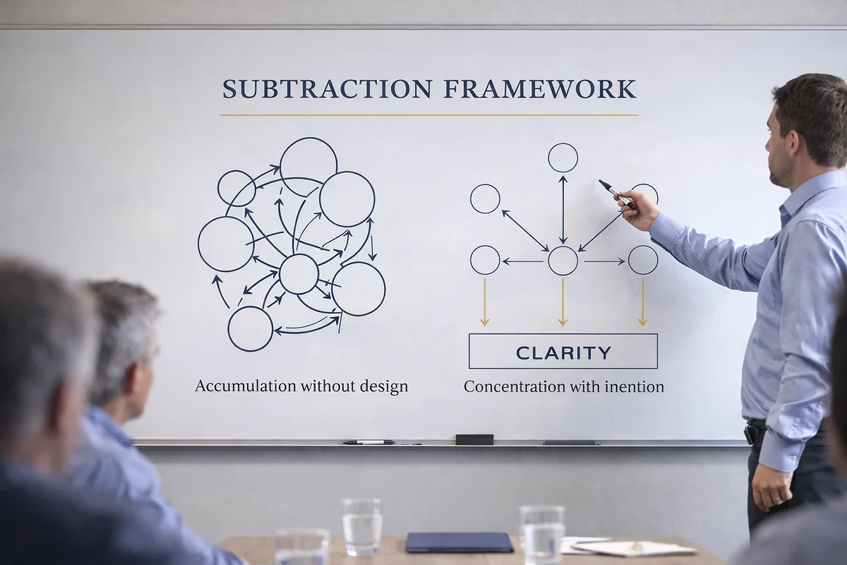 A man at a whiteboard presenting the Subtraction Framework to seated colleagues, showing accumulation without design resolving into clarity.