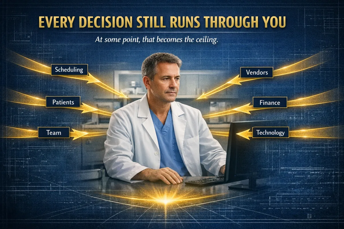Graphic, Every decision still runs through you. A dentist at a desk with arrows converging from scheduling, patients, team, vendors, finance and technology. At some point, that becomes the ceiling.