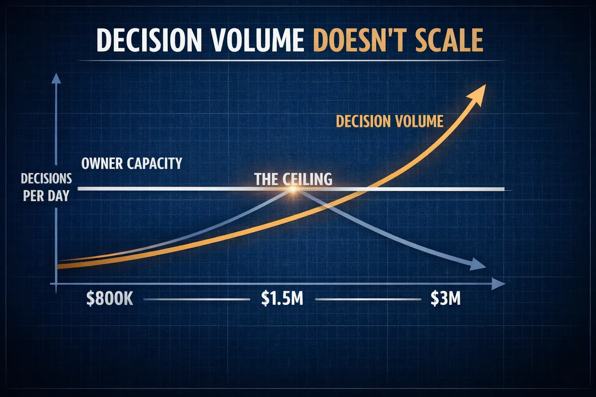 Chart, Decision volume doesn't scale. As a practice grows from $800K to $1.5M to $3M, decision volume climbs steeply while owner capacity stays flat, meeting at a line marked the ceiling.