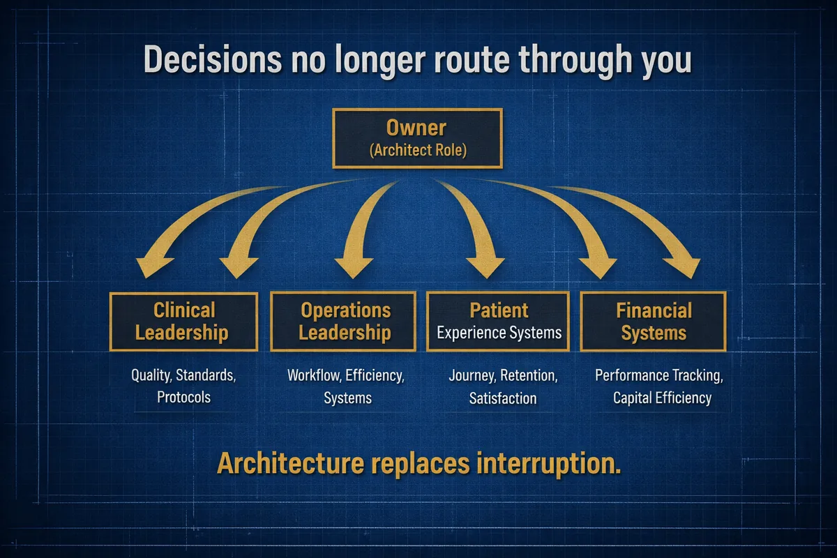 Diagram, decisions no longer route through you. The owner sits in an architect role above four branches: clinical leadership, operations leadership, patient experience systems and financial systems. Architecture replaces interruption.