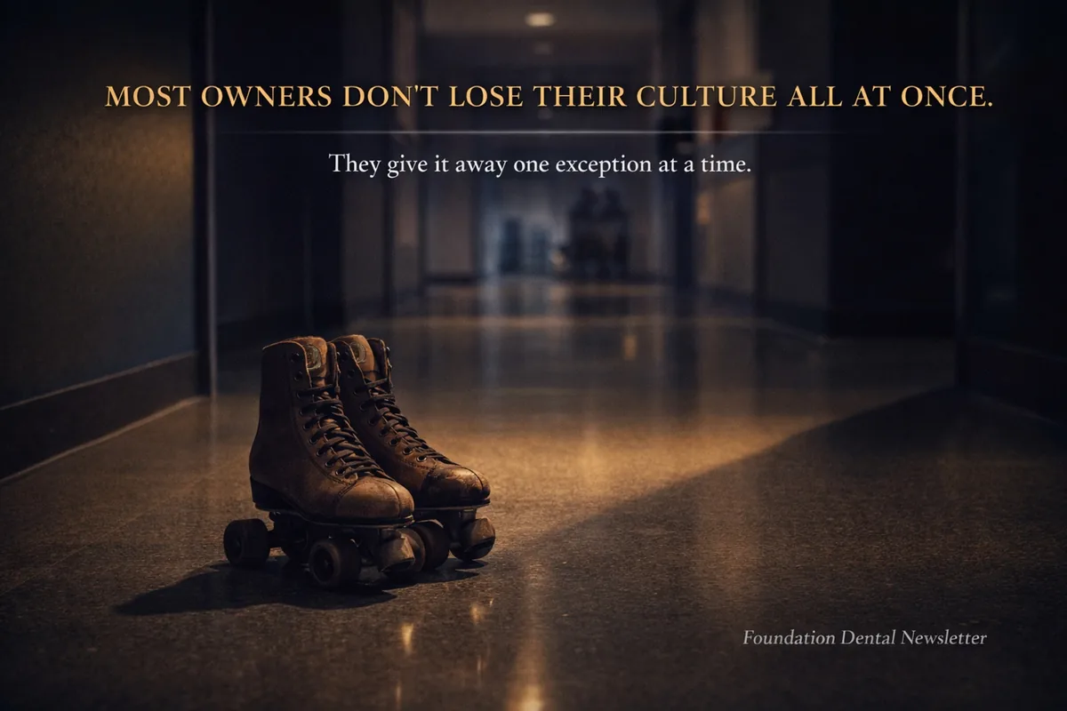 A pair of roller skates left in an empty corridor. Caption: most owners don't lose their culture all at once. They give it away one exception at a time.