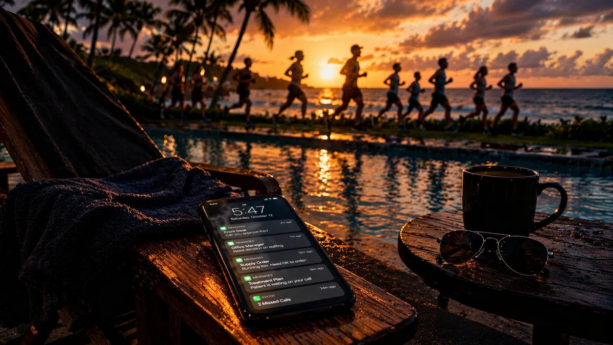 Runners on a beach at sunrise, with a phone and a coffee cup on a table in the foreground.