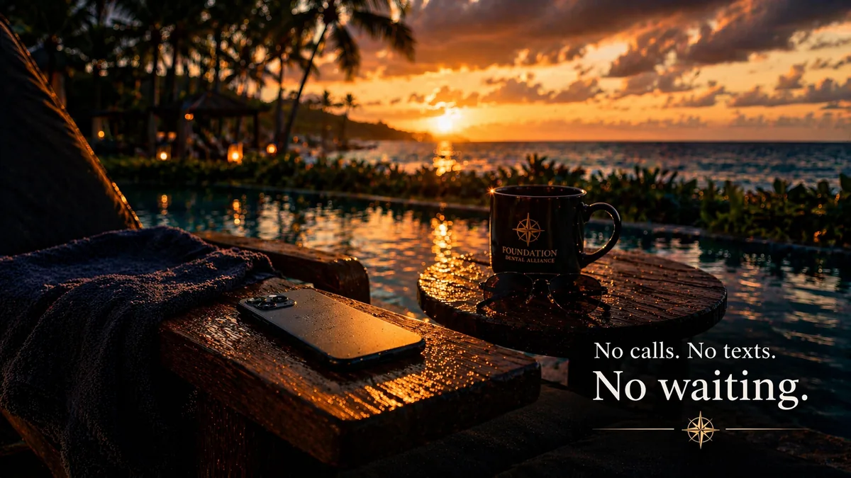 Sunset over the ocean with a laptop and coffee on a table. Caption: no calls, no texts, no waiting.