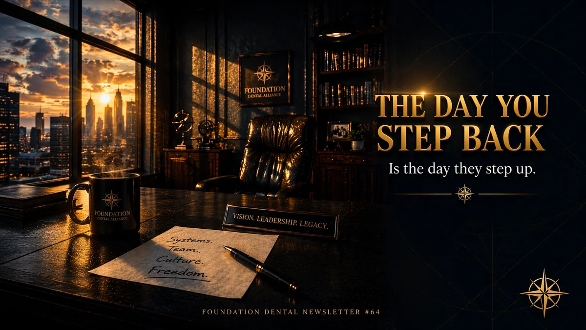 A desk at dusk with a document headed practice ownership legacy. Caption: the day you step back is the day you step up.