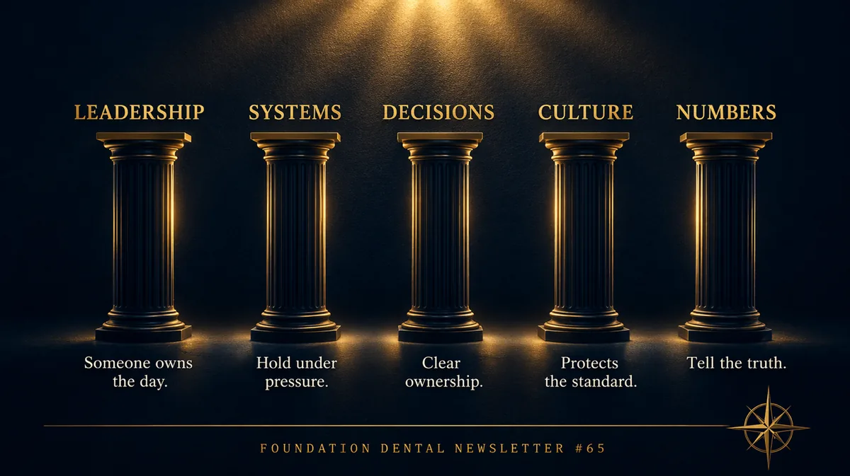 Graphic, five gold columns representing leadership, systems, decisions, culture and numbers. Someone owns the day. Held under pressure. Clear ownership. Protects the standard. Tell the truth.