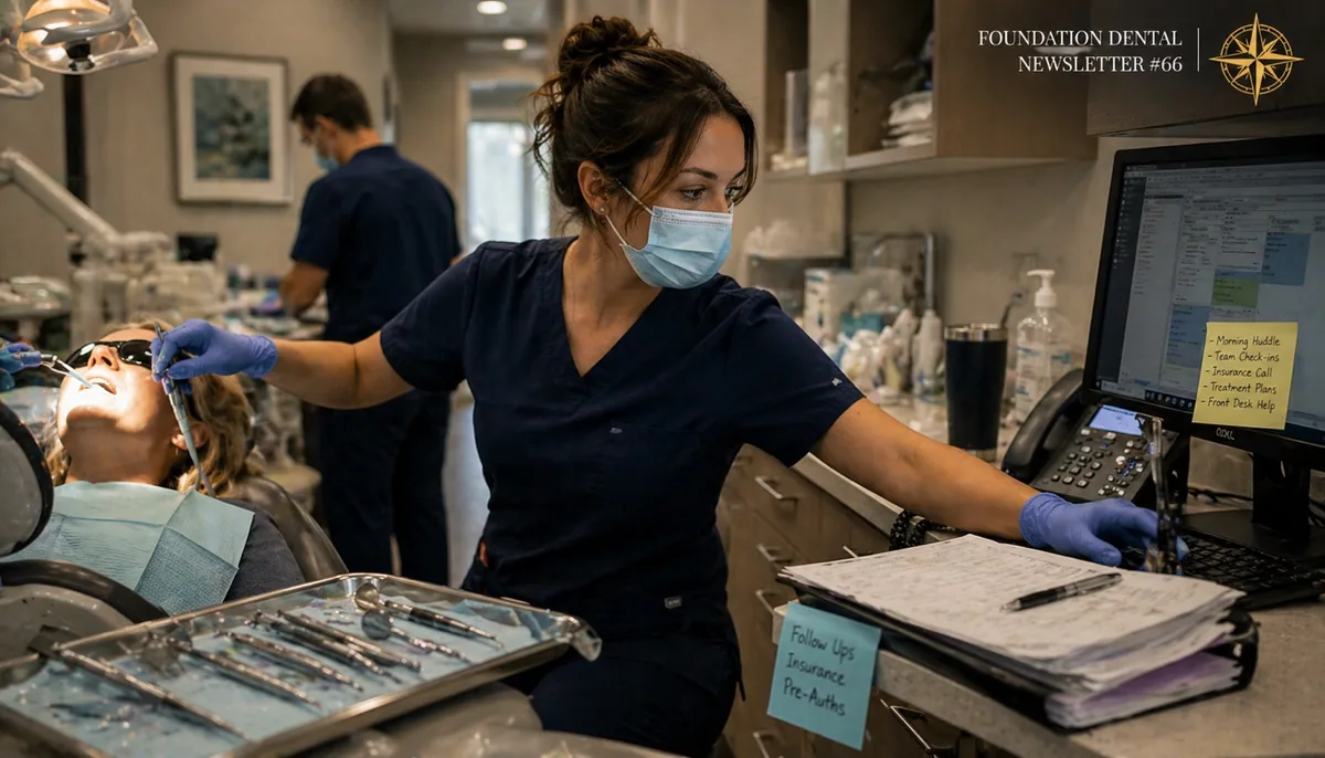 A dental assistant working at a computer beside a set of instruments in an operatory.