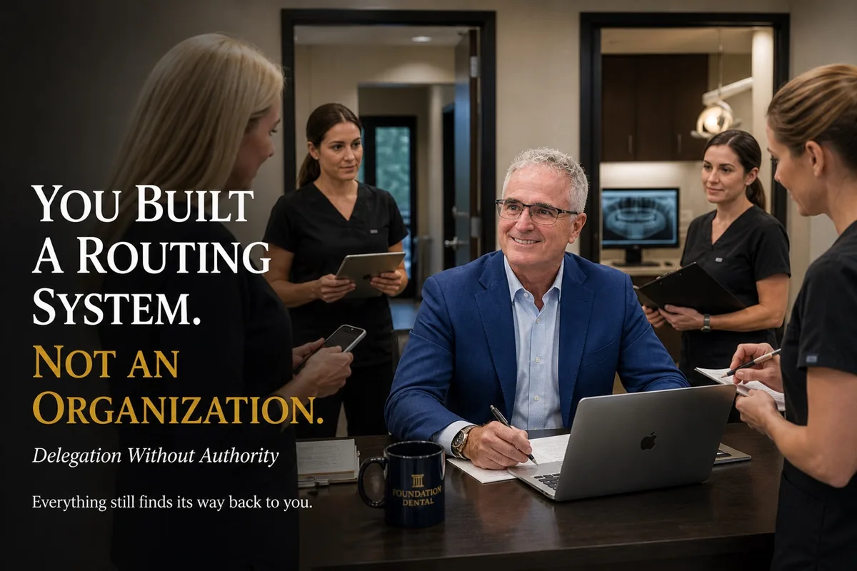 Dr. Jim Arnold at a table with his team standing around him. Caption: you built a routing system, not an organization. Delegation without authority means everything still finds its way back to you.