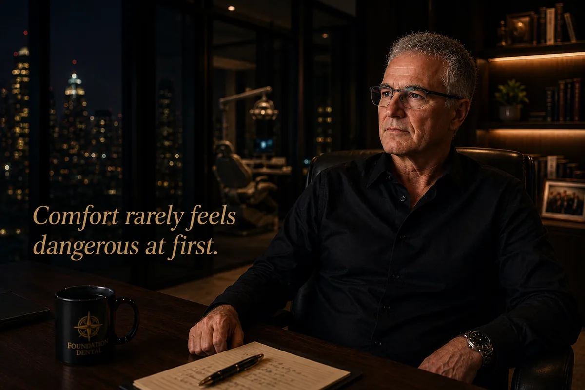 Dr. Jim Arnold seated at a desk at night. Caption: comfort rarely feels dangerous at first.