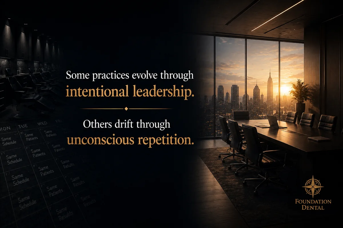 An empty boardroom at dusk. Caption: some practices evolve through intentional leadership, others drift through unconscious repetition.