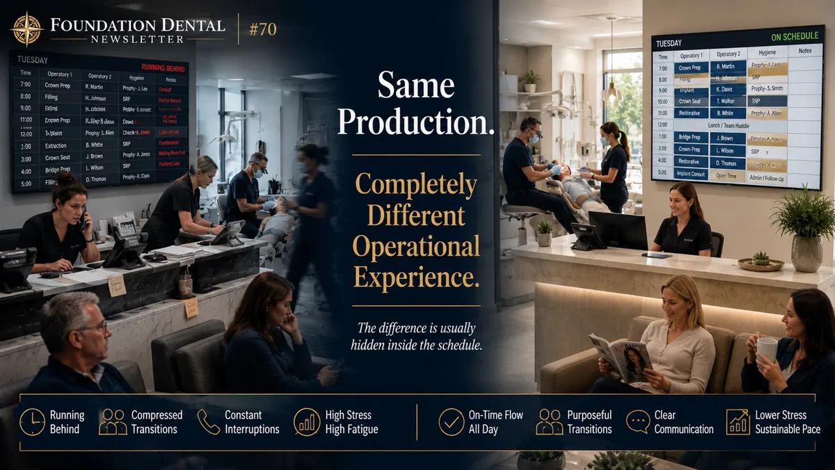 Split image of two busy practices. Caption: same production, completely different operational experience. One side shows running behind, compressed transitions, constant interruptions and high stress. The other shows on-time flow, purposeful transitions, clear communication and a sustainable pace.