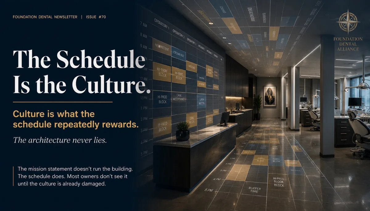 A calm practice corridor. Caption: the schedule is the culture. Culture is what the schedule repeatedly rewards. The mission statement doesn't run the building, the schedule does.