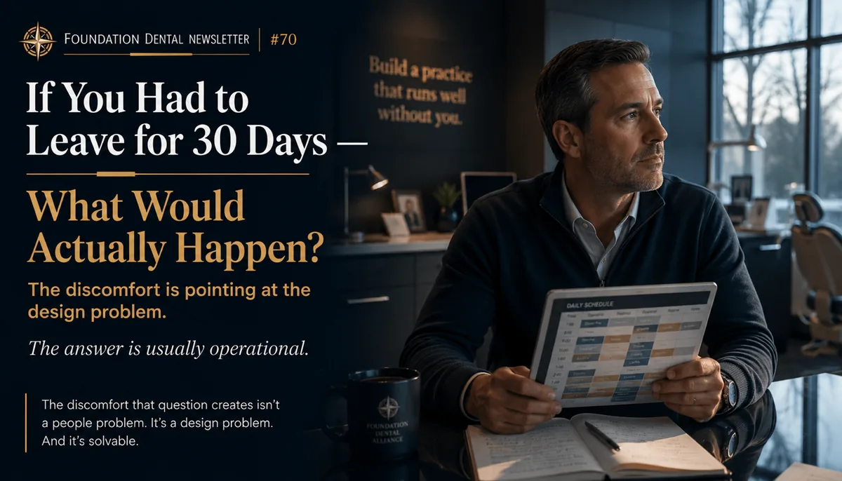 A dentist holding a schedule printout by a window. Caption: if you had to leave for 30 days, what would actually happen? The discomfort is pointing at the design problem.